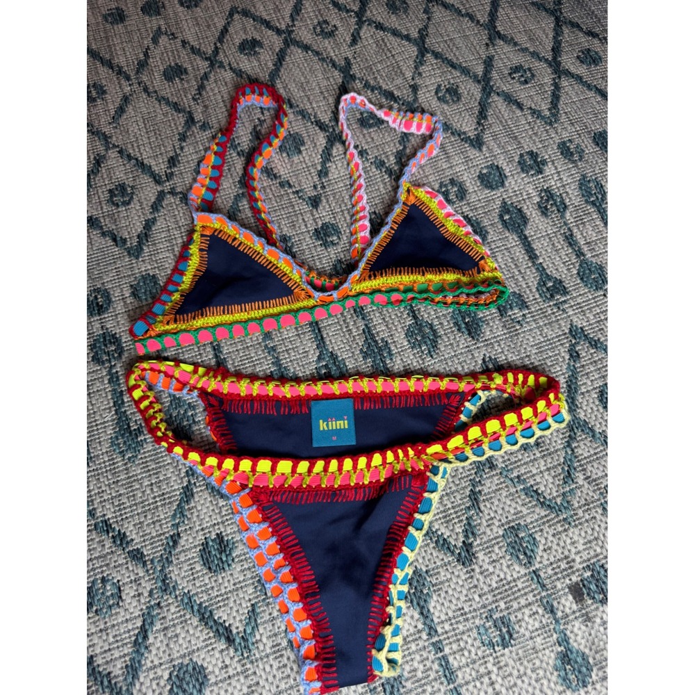 Kiini Tazmin Crochet Trim Bikini Set Navy Multi Color Triangle Two Piece Medium